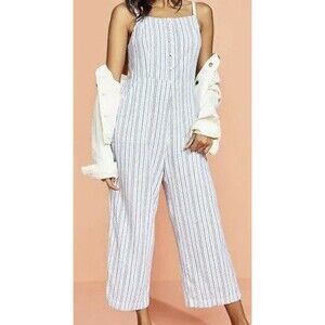 Old Navy Linen Cropped Jumpsuit Womens Size M Smocked Back Blue Stripe wide leg